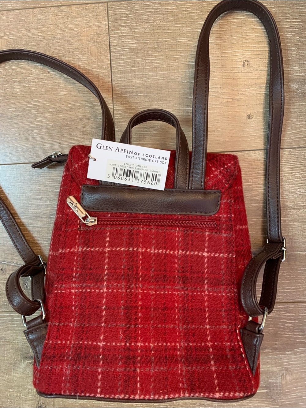 Glen Appin Red Plaid Wool Backpack with Brown Leather Trim